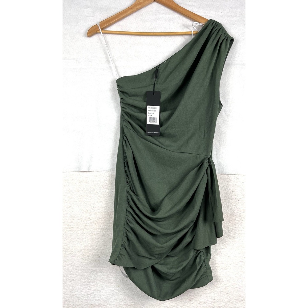 Elliatt Society One Shoulder Ruched Mini Dress Olive Green NWT Size M - Picture 5 of 12